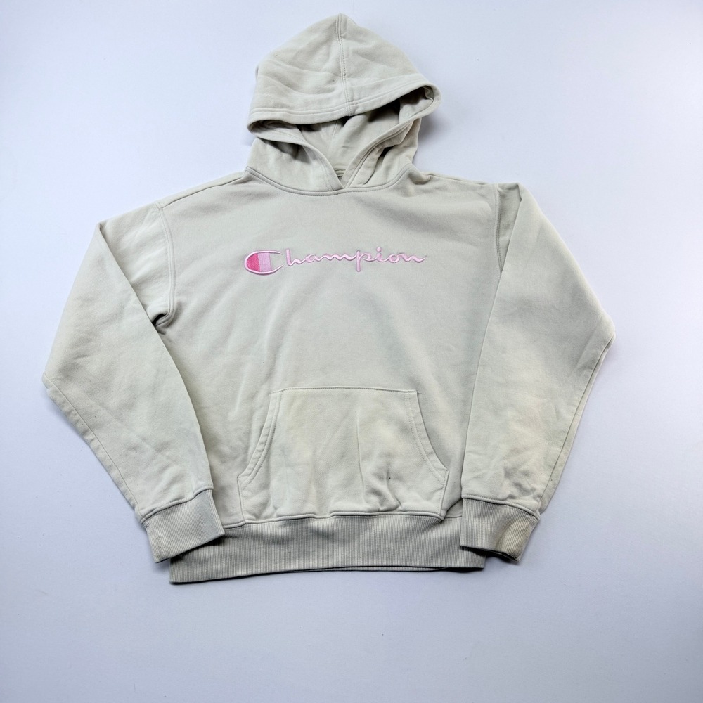 Champion Girls Hoodie Large 14/16 Cream Pink Embroidered Logo Pullover Sweater